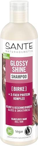 SANTE Naturkosmetik Glossy Shine Shampoo Bio-Birkenblattextrakt + 3-Fach Protein Komplex, vegane und feuchtigkeitsspendende Haarpflege für mehr Glanz und Geschmeidigkeit, mit zartem Kokosduft, 250ml Bio Öko Vegan