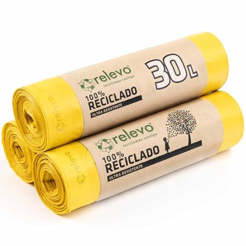 Relevo Gelbe Säcke – 45 Stück Müllbeutel 25L bis 30L mit Zugband, nachhaltig aus recyceltem Kunststoff, Anti-Leak-System, gelbe Mülltüten - Bio - Öko - Recycling