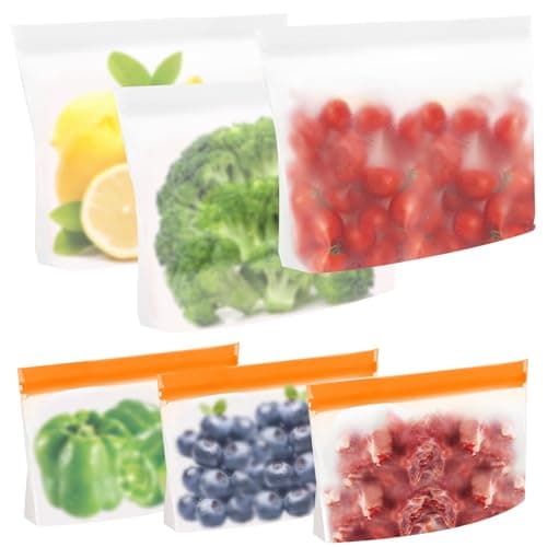AKONE Gefrierbeutel Wiederverwendbar mit Stehendes Boden-Design, 6 Stück Gefrierbeutel Zipper, Silikonbeutel für Lebensmittel, Küche Aufbewahrungsbeutel für Sandwich, Brot, Gemüse, Fleisch, Snacks