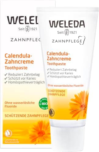 WELEDA Bio Calendula Zahnpasta - fluoridfreie Naturkosmetik Zahncreme zur natürlichen Zahnpflege. Sanfte Zahnreinigung kräftigt das Zahnfleisch, beugt Karies vor & entfernt Zahnbelag (vegan / 75ml) - Bio - Öko - Vegan