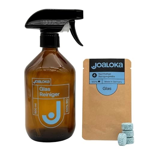 Joaloka Glasreiniger Starter-Set – 4 Tabs für je 500 ml - inklusive refill Glasflasche – für streifenfreihe Glasoberflächen - vegan - ökologisch - ohne Microplastik – Made in Germany. - Bio - Öko - Vegan