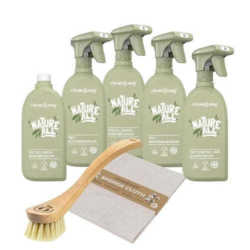 Cleangang Nature All Reinigungsmittel Set - 100% Bio, nachhaltig & Mikroplastikfrei - Badreiniger, Küchenreiniger, Universalreiniger, Glasreiniger, Bodenreiniger, Schwammtuch & Geschirrspülbürste - Bio - Öko - Vegan