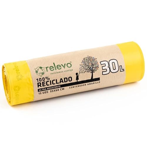 Relevo Gelbe Säcke – 15 Stück Müllbeutel 25L bis 30L mit Zugband, nachhaltig aus recyceltem Kunststoff, Anti-Leak-System, gelbe Mülltüten - Bio - Öko - Recycling