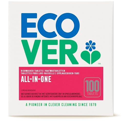 Ecover Spülmaschinentabs All-in-One, mit Geschirrspülsalz und Klarspüler, kraftvolle Reinigung, Mandarinen- & Zitronenduft, 100 Tabs Packung - Bio - Öko - Vegan - Recycling