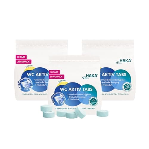HAKA WC-Tabs, 3x 30 Stück, extra starke Toilettenreinigertabs gegen Kalk & Urinstein, für gründliche WC-Reinigung, umweltfreundlich, unverpackt, frischer Zitronenduft - Bio - Öko