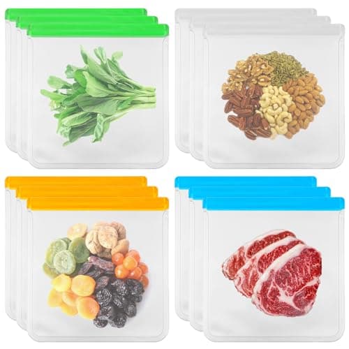 12 Stück Wiederverwendbare Aufbewahrungsbeutel, 28 X 27 cm Groß Silikon Gefrierbeutel, Wiederverwendbare PEVA Lebensmittel Gefrierbeutel, BPA-freie Sandwichbeutel für Gemüse Milch Snacks Fleisch Brot Bio Öko