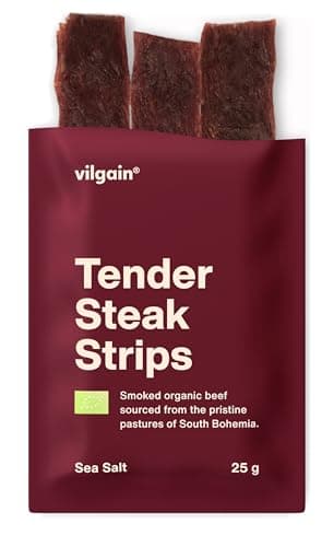 Vilgain Getrocknete Steakstreifen BIO – 25 g, 98,5% hochwertiges Rindfleisch, proteinreich, salziger Snack, ohne Zusatzstoffe, aus zertifizierten Bio-Betrieben, ideal für unterwegs Bio Öko