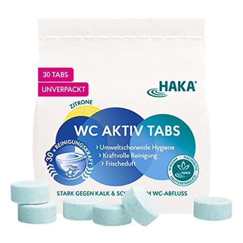 HAKA WC-Tabs, 30 Stück, extra starke Toilettenreinigertabs gegen Kalk & Urinstein, für gründliche WC-Reinigung, umweltfreundlich, unverpackt, frischer Zitronenduft - Bio - Öko