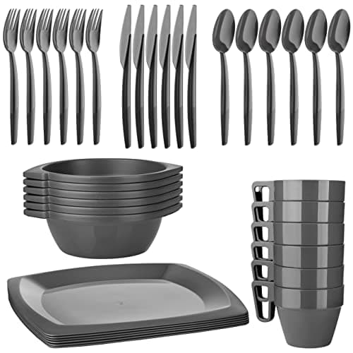 Grizzly wiederverwendbares 36-teiliges Partygeschirr, Kunststoff, Anthrazit, stapelbar, stabil, spülmaschinenfest, Mehrweggeschirr Set - Recycling