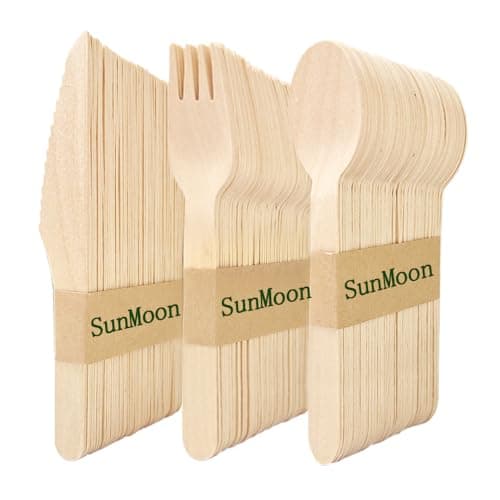 150 Pack Wegwerf-hölzernes Besteck-Set, umweltfreundliche 50 Löffel 50 Gabeln 50 Messer, Plastikfreie Verpackung, Ersatz für Kunststoff und Bambus Besteck, Wegwerfbesteck für Parteien, Reisen Bio Öko