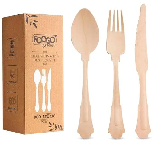 FOOGO Green Luxus-Einwegbesteck 75-teilig, 20 cm – 25x Gabeln, 25x Messer, 25x Löffel – Einweg-Holzbesteck kompostierbar & biologisch abbaubar – Nachhaltiges Einwegbesteck ideal für Party & Picknick - Bio - Öko