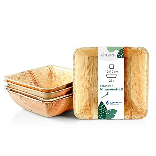Wiseware Palmblatt Teller tief - 25 Stück tiefe Einwegteller quadratisch tief 100ml - biologisch abbaubare Servierschale - kompostierbares Partygeschirr - Salatschale - Einweggeschirr (10x10cm) - Bio - Öko