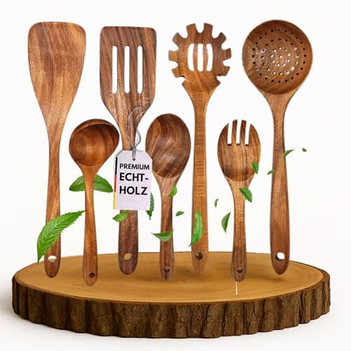 Kochlöffel Holz Set aus Teakholz im 7er Pack - Pfannenwender, Kochlöffel, Risottolöffel & weitere Holzkochlöffel - Nachhaltig - Kochutensilien Set Naturholz, BPA-FREI - Öko