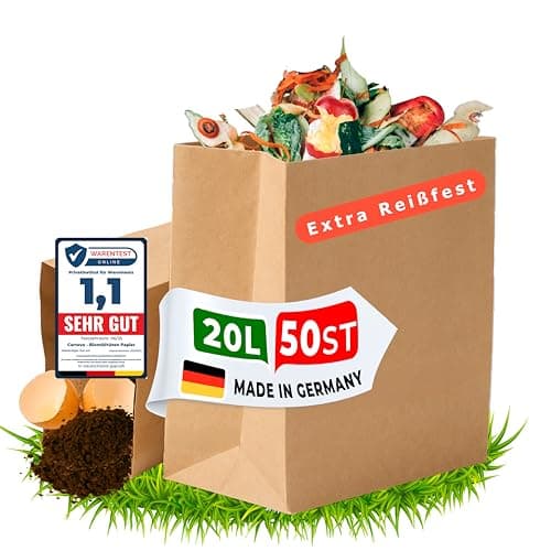 Cartevo Premium Biomüllbeutel 20L - 50 Stück Bio müllbeutel Extra reißfest &Nassfest Biomülltüten Papier für Küche Biomülleimer & Biotonne | Papiertüten plastikfrei, umweltfreundlich & kompostierbar - Bio - Öko - Recycling