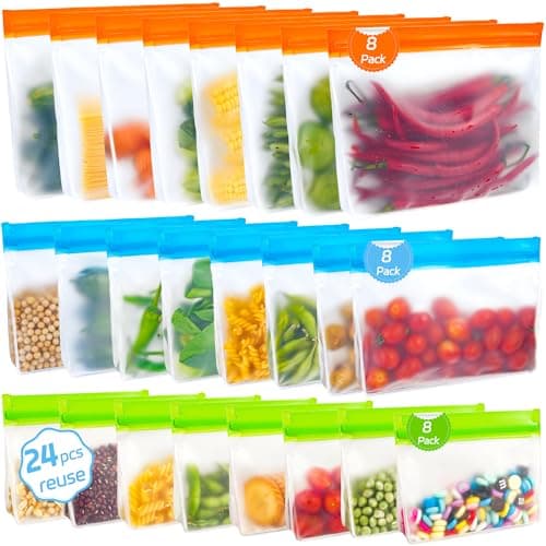 Pameil 24 Stück Gefrierbeutel Wiederverwendbar, Vertikales Design, Doppelreißverschluss, PEVA-Material, BPA-frei, in Blue, Orange, Green, Ideal für Lebensmittelaufbewahrung und -frischhaltung - Öko