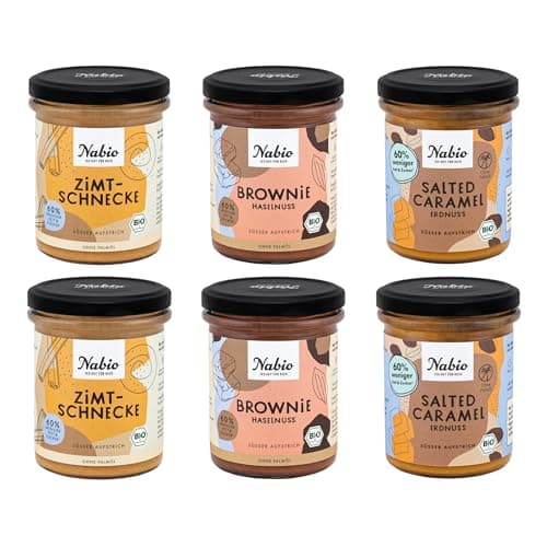 NABIO | 6er Box Süße Aufstriche I Je 2x Zimtschnecke, Brownie Haselnuss und Salted Caramel I vegan und ohne Palmöl I (6 x 175g) - Bio - Vegan