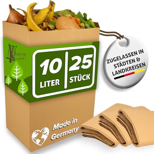 Biomüllbeutel 10L Papier - 25 Stk - Bio-Müllbeutel & Biomülltüten - zugelassen in Städten & Landkreisen - Plastikfrei - Kompostierbar & Reißfest - Bio - Öko