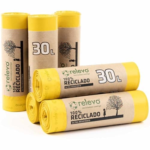 Relevo Gelbe Säcke – 90 Stück Müllbeutel 25L bis 30L mit Zugband, nachhaltig aus recyceltem Kunststoff, Anti-Leak-System, gelbe Mülltüten, passend für Müllsackständer 38–48 cm Höhe - Bio - Öko - Recycling
