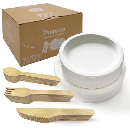 Pulprop 250 Stück Umweltfreundlich Biologisch Abbaubare Geschirr Set, Einweggeschirr Set, Natürliches Einweg Bagasse Teller-Set, Pappteller Messer Löffel Gabeln für Camping Grill BBQ Party 50 Personen - Bio - Öko