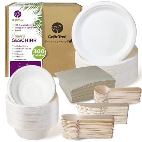 Einweggeschirrset mit 300 Teilen für 50 Personen. Ökologisches Geschirr aus Zuckerrohr, bestehend aus 50 Tellern, 50 Schüsseln, 150 Besteckteilen aus Birkenholz und 50 recycelbaren Servietten. - Bio - Öko