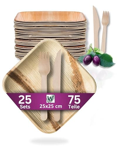 Waipur Bio Palmblatt Geschirr mit Holz Besteck - je 25 große Teller, Messer und Gabeln - Premium Einweg-Geschirr Set kompostierbar - ähnl. Bambus-Teller Einweg - Bio - Öko