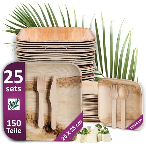 Waipur Bio Palmblatt Geschirr Set mit Holz Besteck - je 25 große Teller und Dessertteller, 50 Gabeln, je 25 Messer und Löffel - ähnl. Bambus-Teller Einweg - Bio - Öko