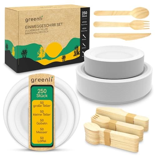 greenli® Einweggeschirr Set - 250 x Einwegteller aus Zuckerrohr und Einwegbesteck aus Holz - Bio - Öko