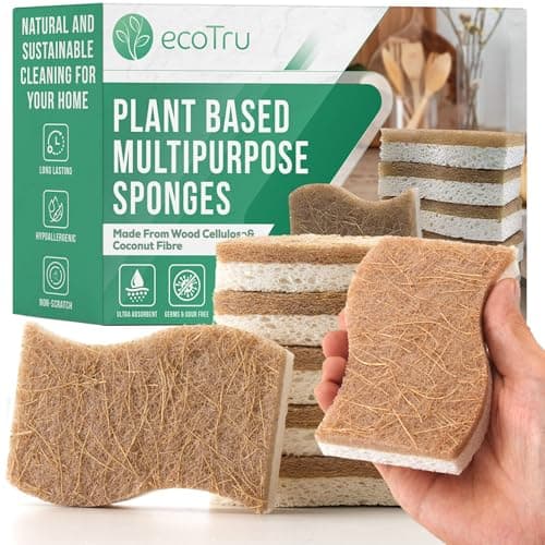 ecoTru 6 Stück Bio Spülschwamm Aus Kompostierbarer Zellulose und Kokos, Natur Reinigungsschwamm, öko und Nachhaltig Küchenschwamm, Umweltfreundlich Kitchen Sponge, Biologisch Abbaubar Geschirrschwamm - Bio - Öko - Vegan